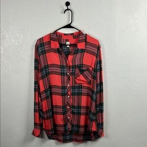 GAP Women’s Coral Green Black Plaid Shirt Button Down Long Sleeve Sz L Casual